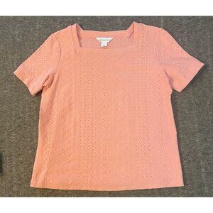 Liz Claiborne Pink Eyelet Top Womens Small Short Sleeve Stretch‎ Cotton Shirt